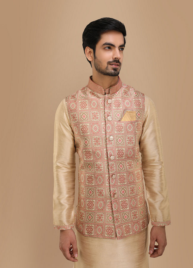 alt message - Manyavar Men Block Print Jacket With Beige Kurta Set image number 0